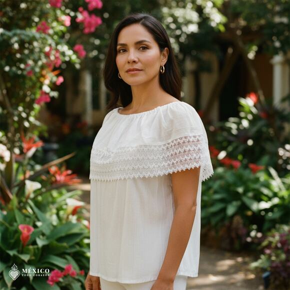 White Mexican Blouse with Lace Trim – Lightweight Chiffon-Style Top for Women - Picture 3 of 4